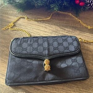 Gucci Black Monogram Shoulder Bag with Gold Accents